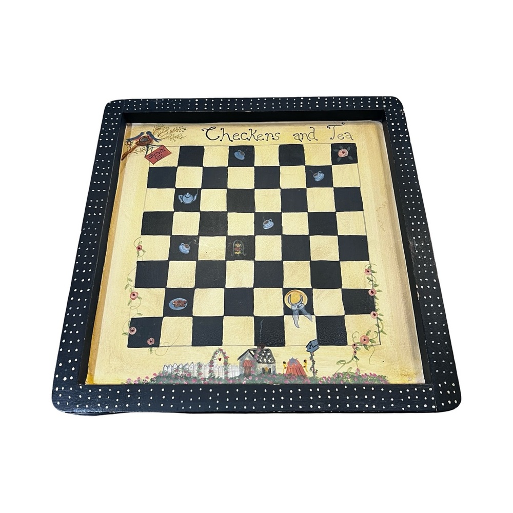 Vintage Grannycore chic Cottagecore wood checkers and tea hand painted board